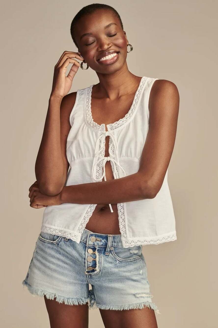 Lucky Brand Babydoll Flyaway Tank Top with Eyelet Lace Trim in White
